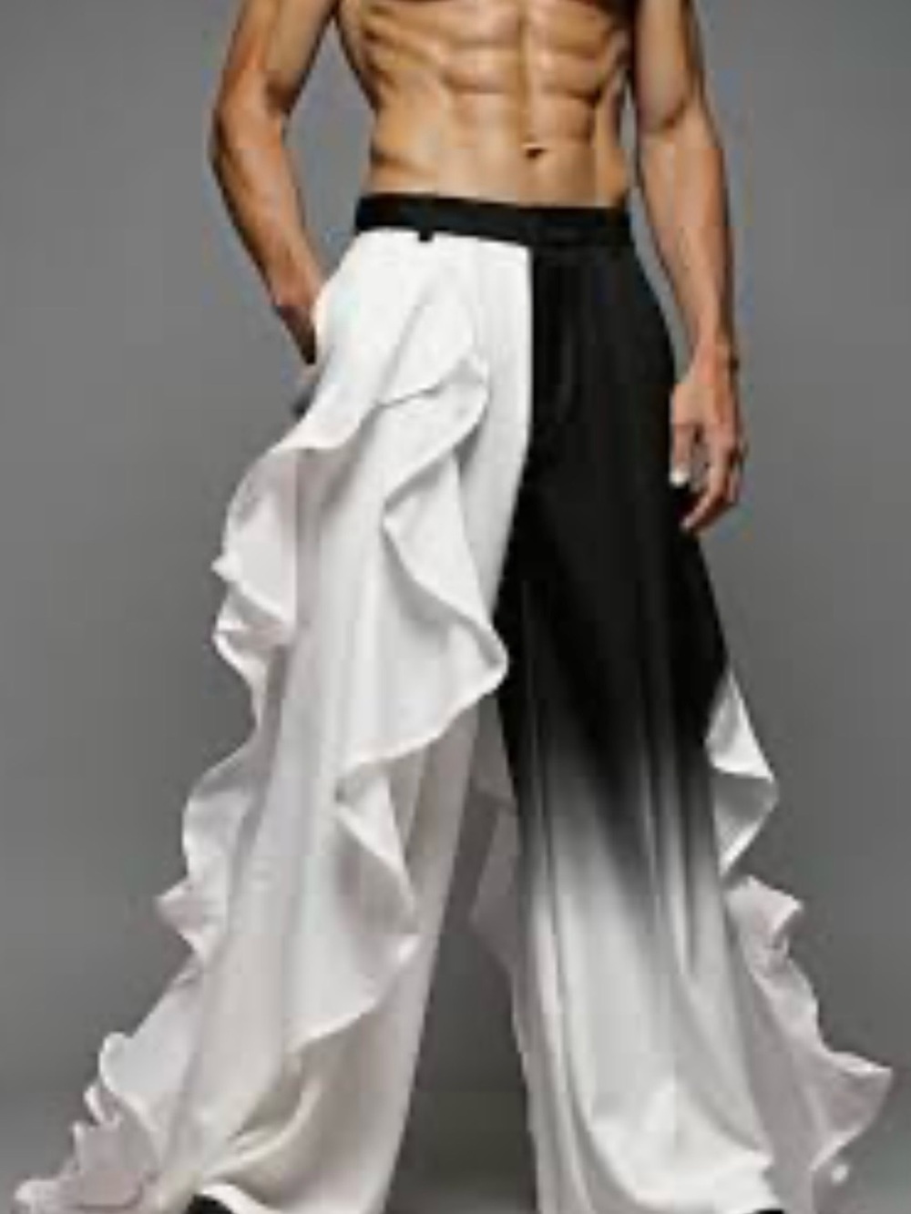 Men's Black and White Two-Tone Ruffle Wide-Leg Pants
